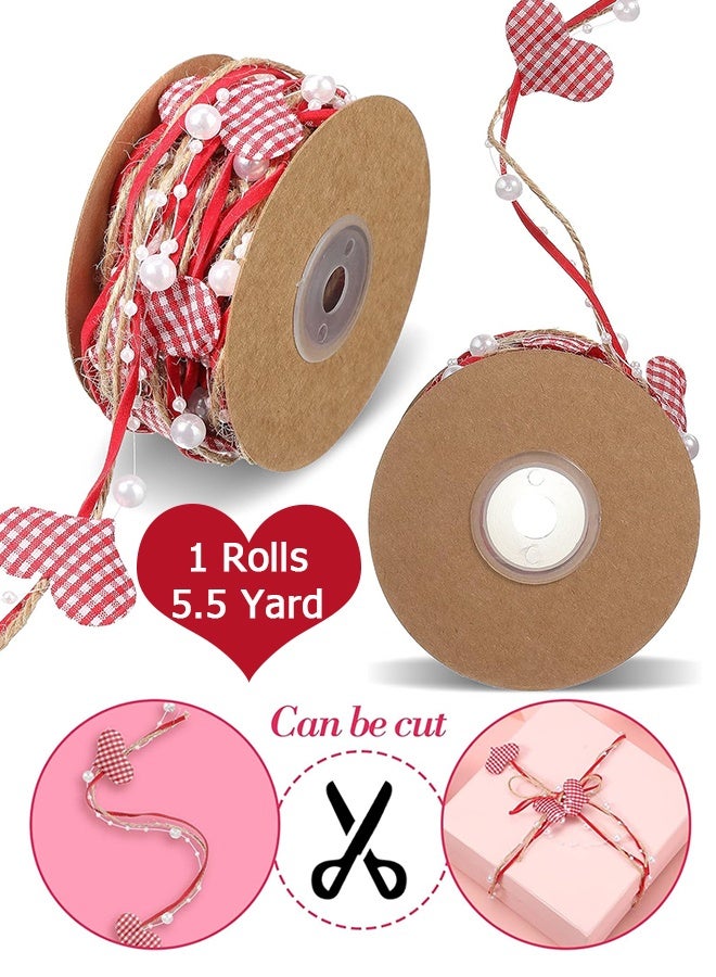 Wffo 5.5 Yard/ 1 Rolls Double-Sided Satin Ribbon - Red Plaid Ribbon Pearl Ribbons - for DIY Crafts Wedding Gift Wrapping Accessories - Image 1